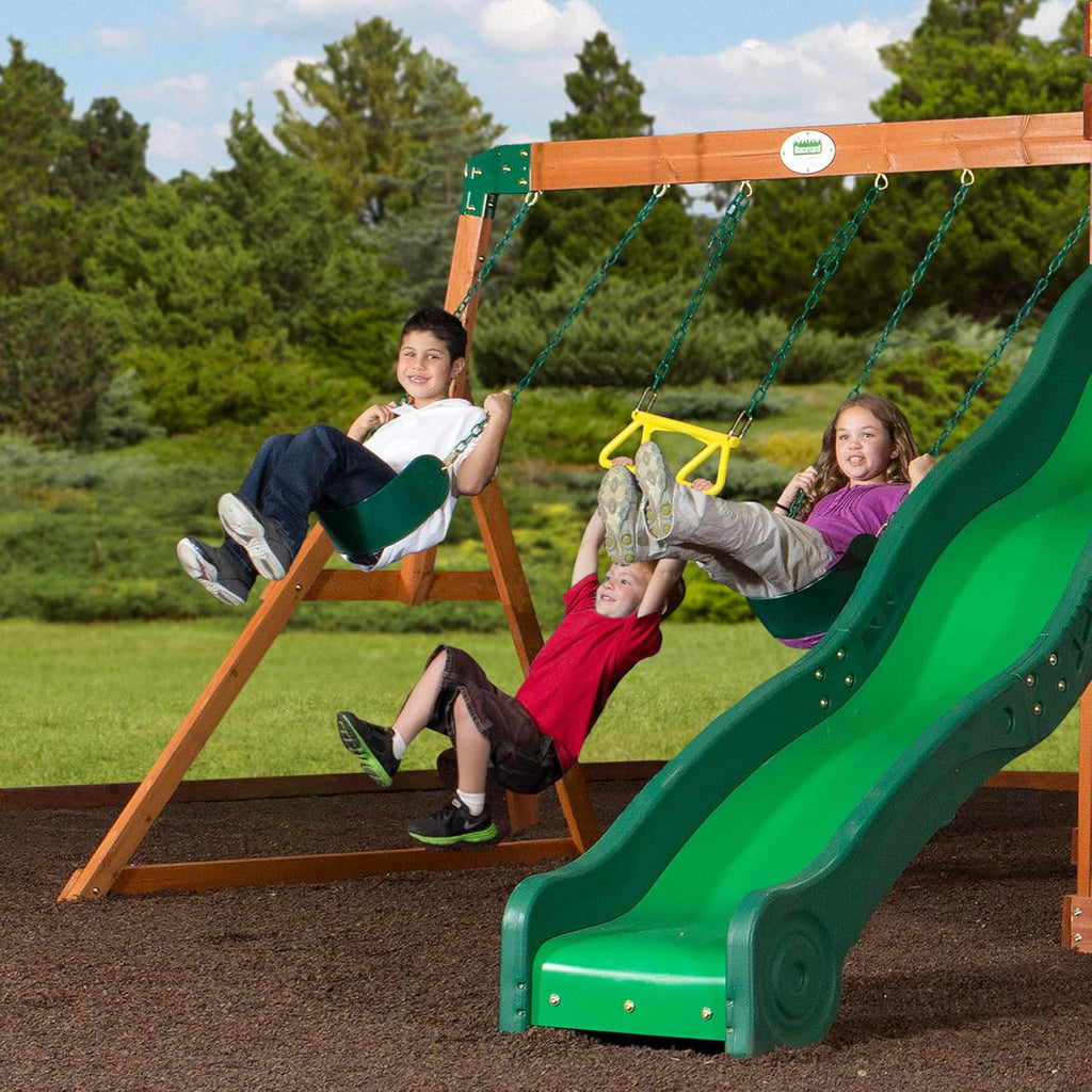 All Cedar Wooden Swing Set with 2 Belt Swings, Trapeze Bar, 10 ft Wave Slide, Playhouse, Play Kitchen, Rock Wall, Bench K605