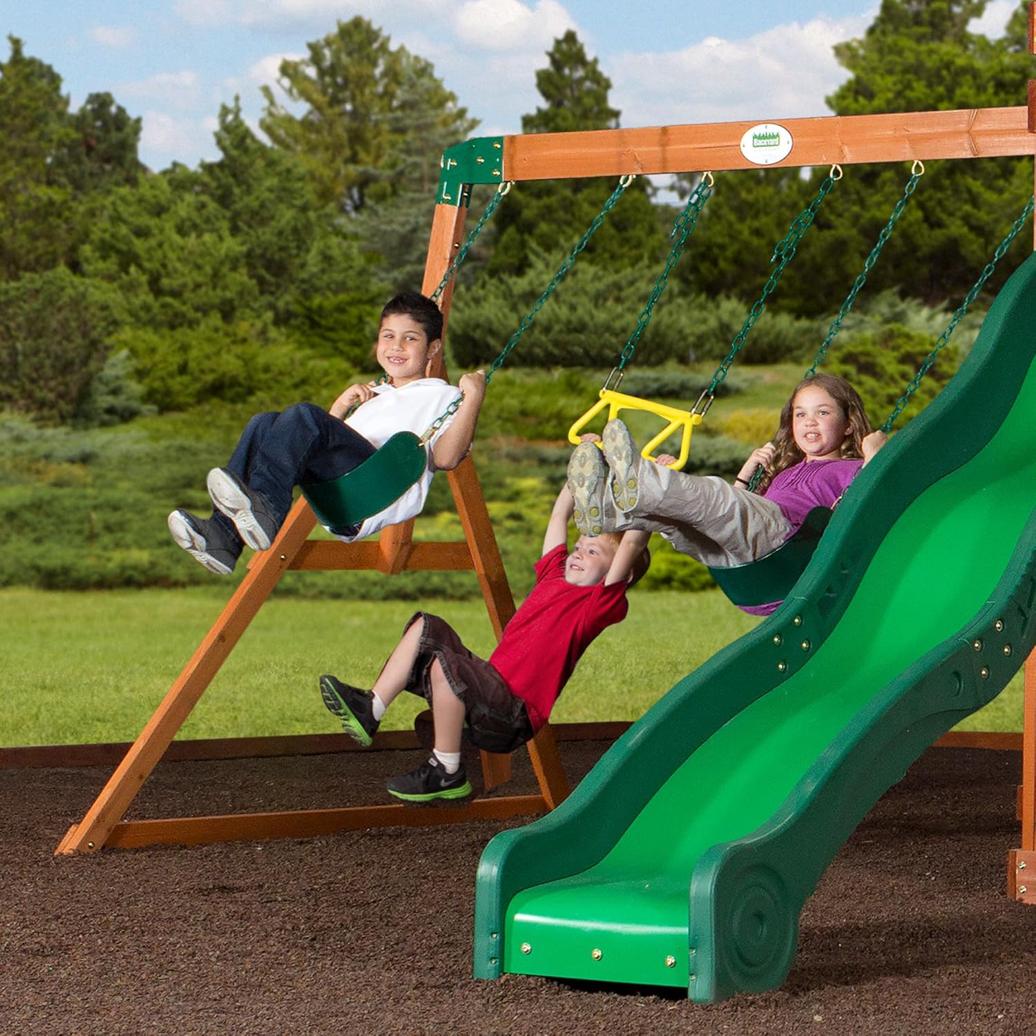 All Cedar Wooden Swing Set with 2 Belt Swings, Trapeze Bar, 10 ft Wave Slide, Playhouse, Play Kitchen, Rock Wall, Bench K605