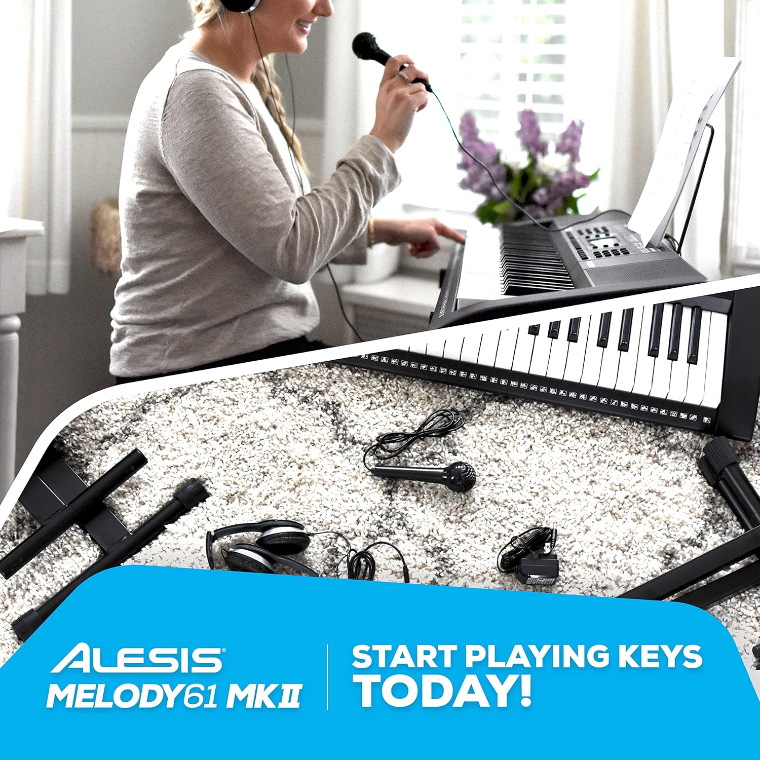61 Key Keyboard Piano with 300 Sounds, Speakers, Digital Piano Stand, Bench, Headphones, Microphone C4579