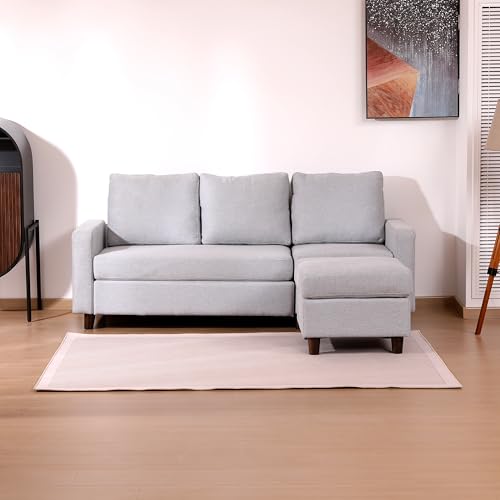 Light Gray Linen L-Shaped Sectional Sofa with Removable Ottoman Q314