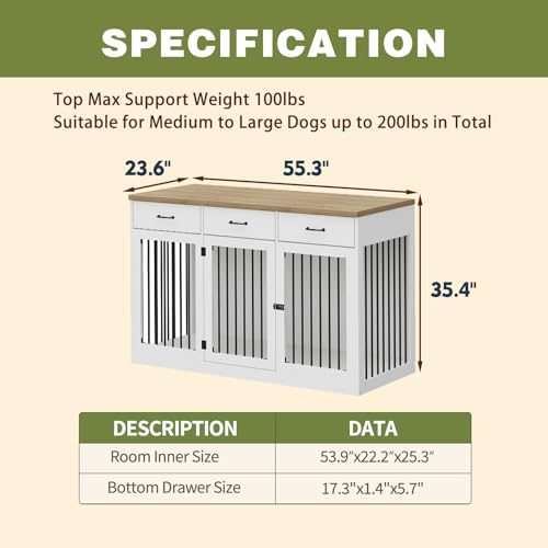 White Extra Large Dog Crate Furniture with 3 Drawers A9025