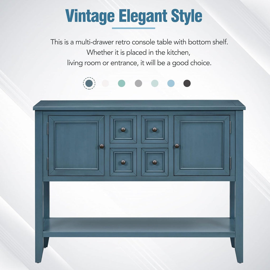 Light Navy Solid Wood Console Table with 4 Drawers and 2 Cabinets T2752