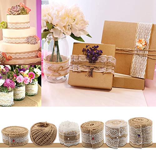 24 Burlap Flowers and Bowknots, 5 Lace Burlap Ribbon Rolls, 1 Twine Ribbon and Glue Point Z6490