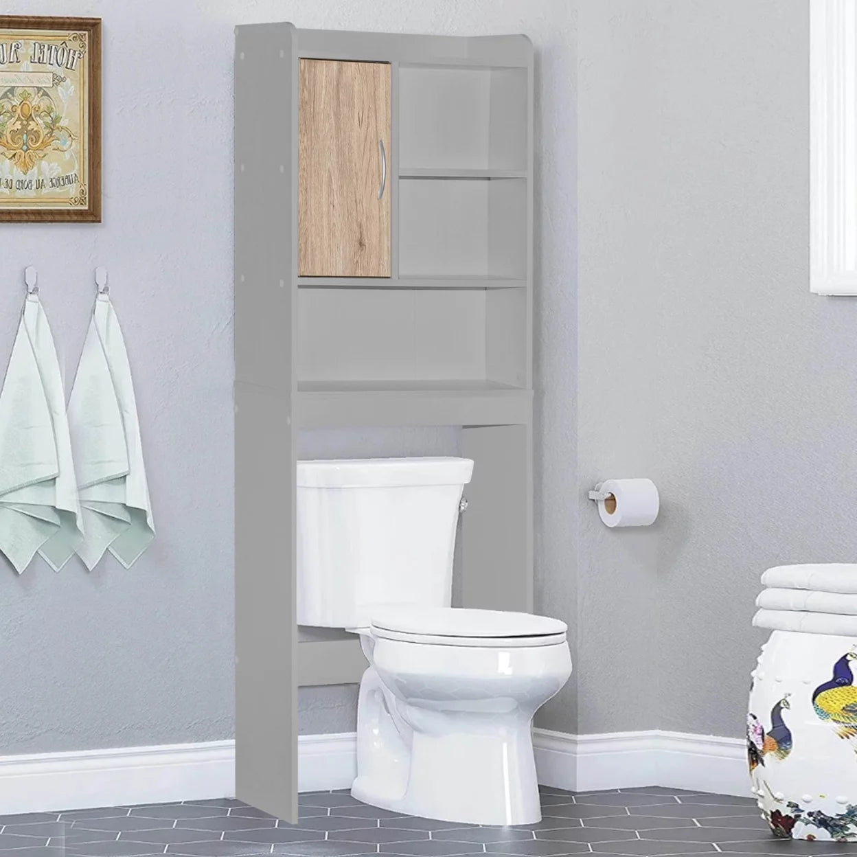 Over-the-Toilet Storage Cabinet in Light Gray & Natural Oak H765