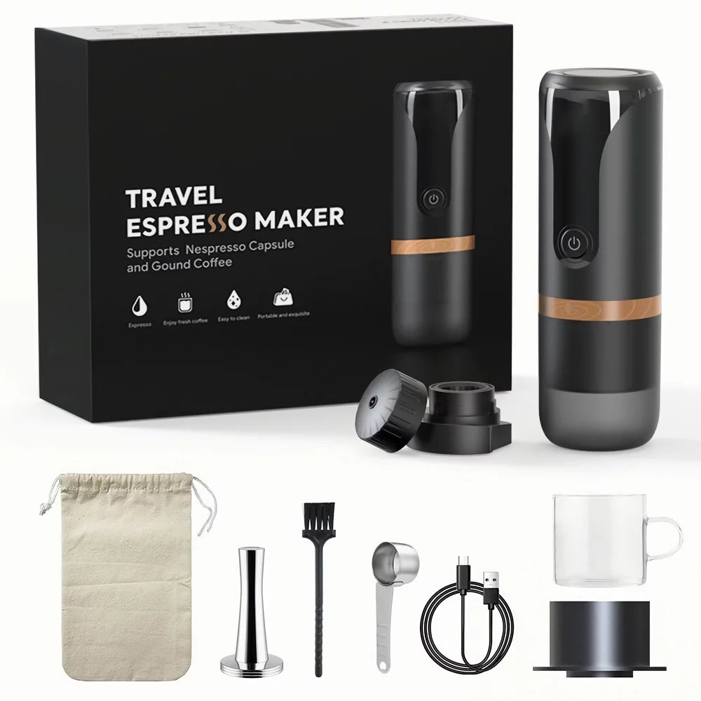 Portable Espresso Machine 9 Bar Pressure Rechargeable 2 in 1 Small Travel Coffee Maker Compatible with Capsules Ground Coffee Black J186164