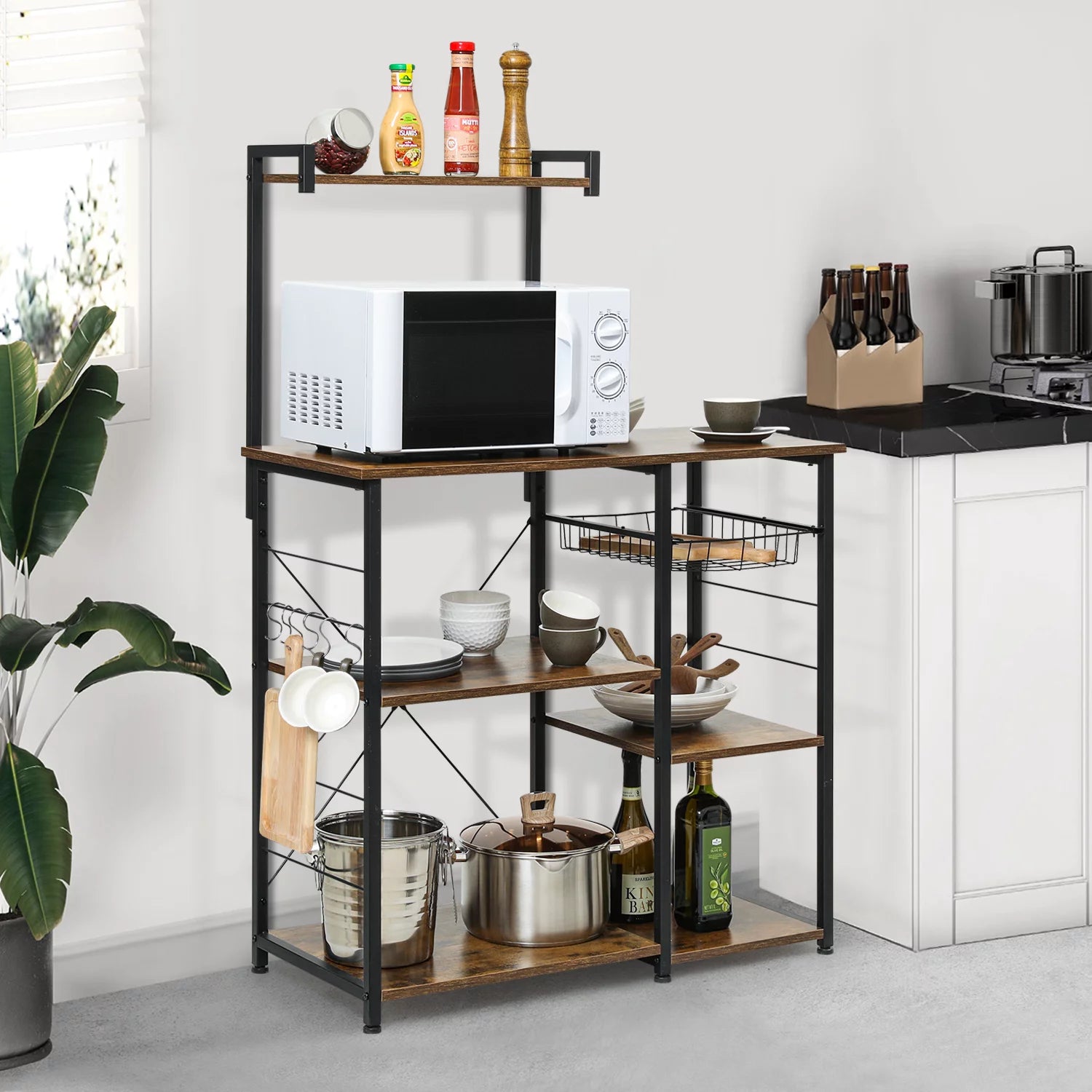 Brown 6 Shelves Utility Storage Shelf with Wire Basket U5849