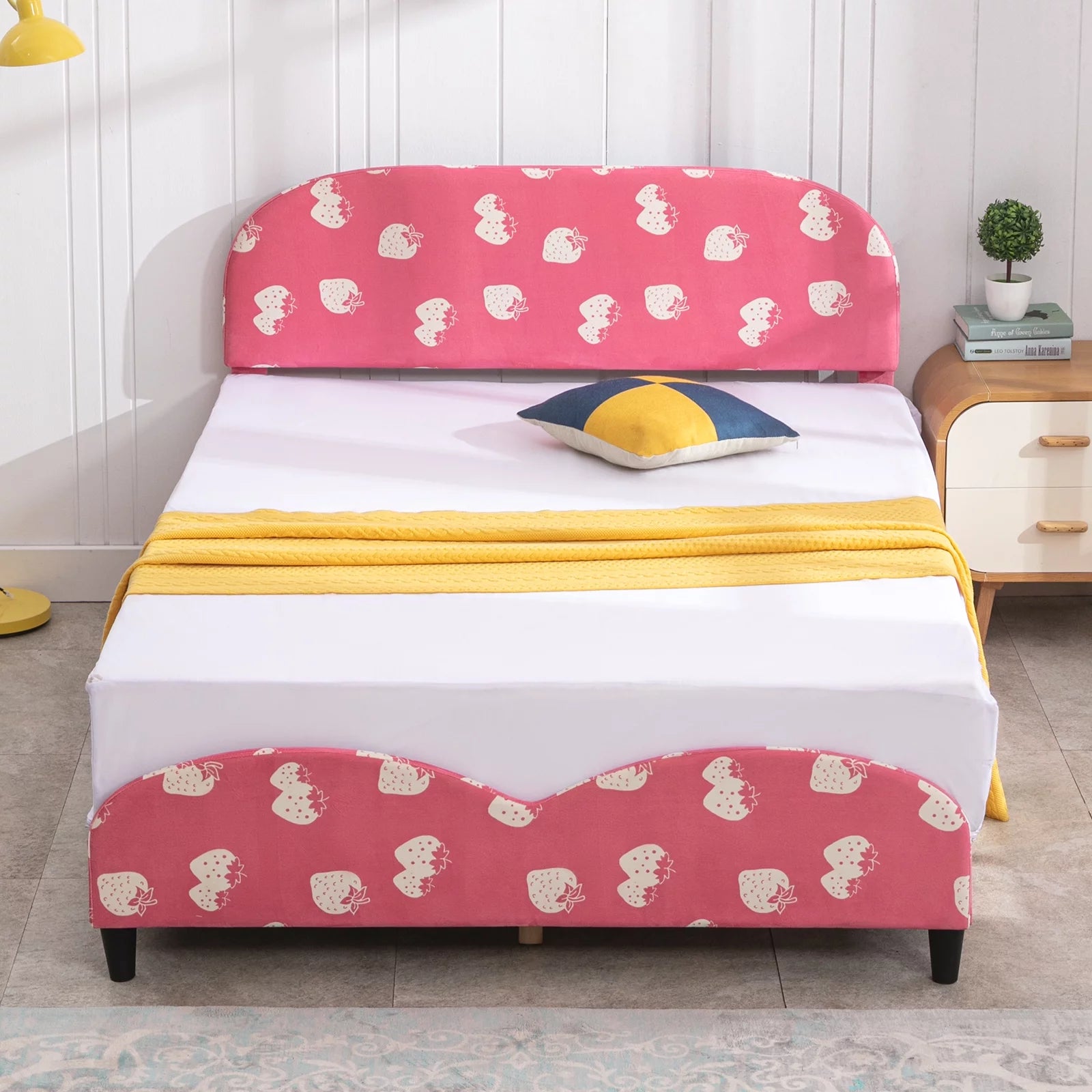 Pink Kids Twin Bed Frame with Upholstered Headboard and Footboard J9138