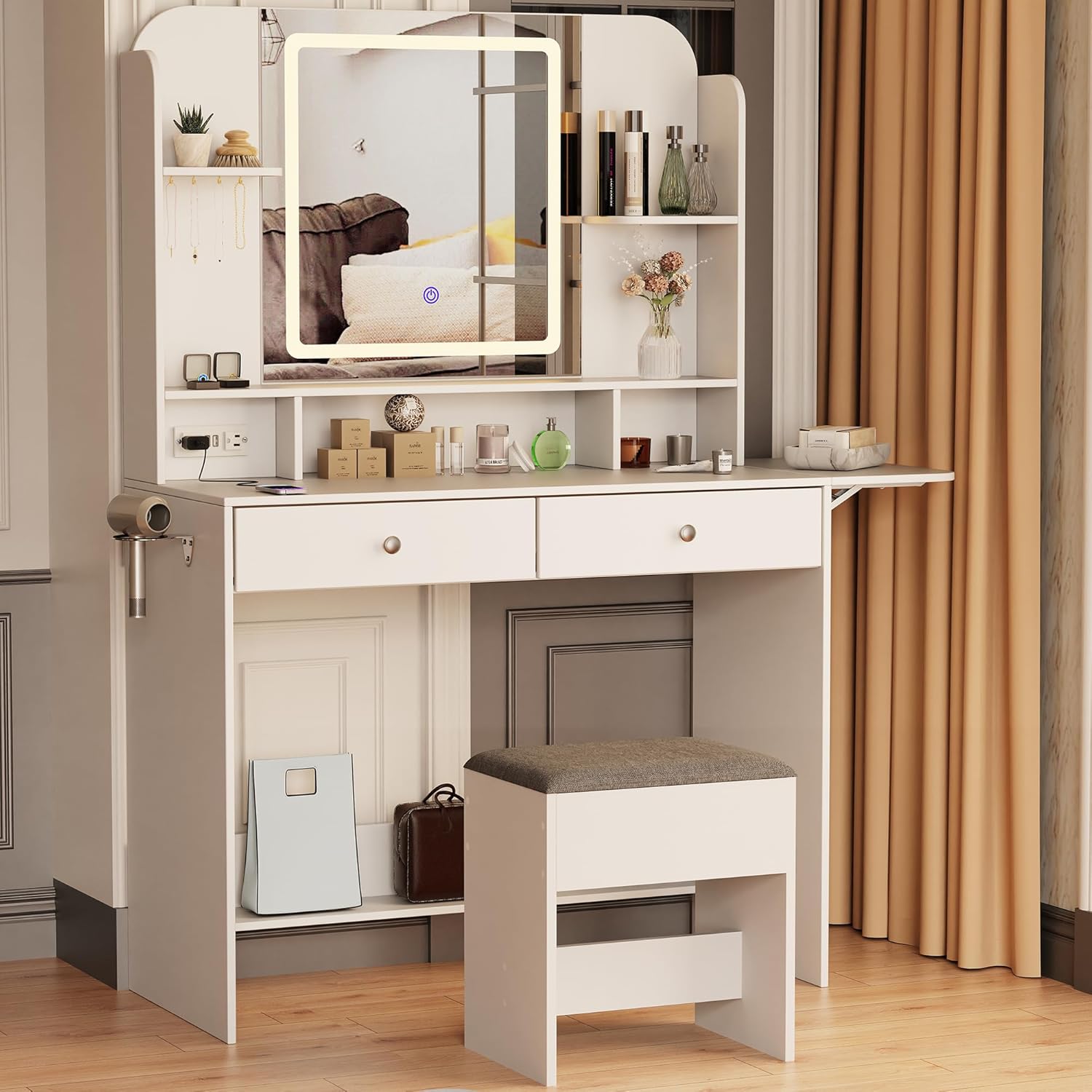 White Dressing Table with Mirror and Stool, 3 LED Lighting Colors Q923