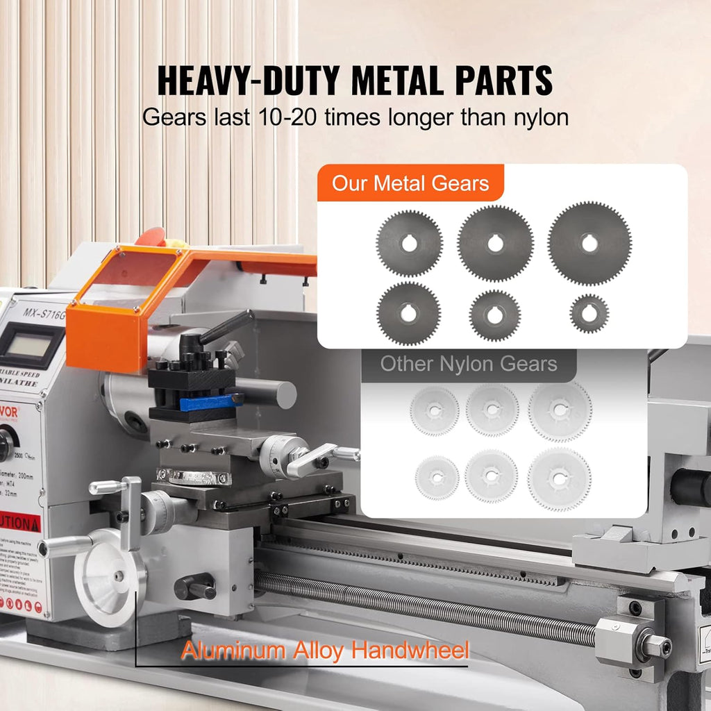 Mini Metal Lathe Machine, 7'' x 16'', 800W Precision Benchtop Power Metal Lathe S43644