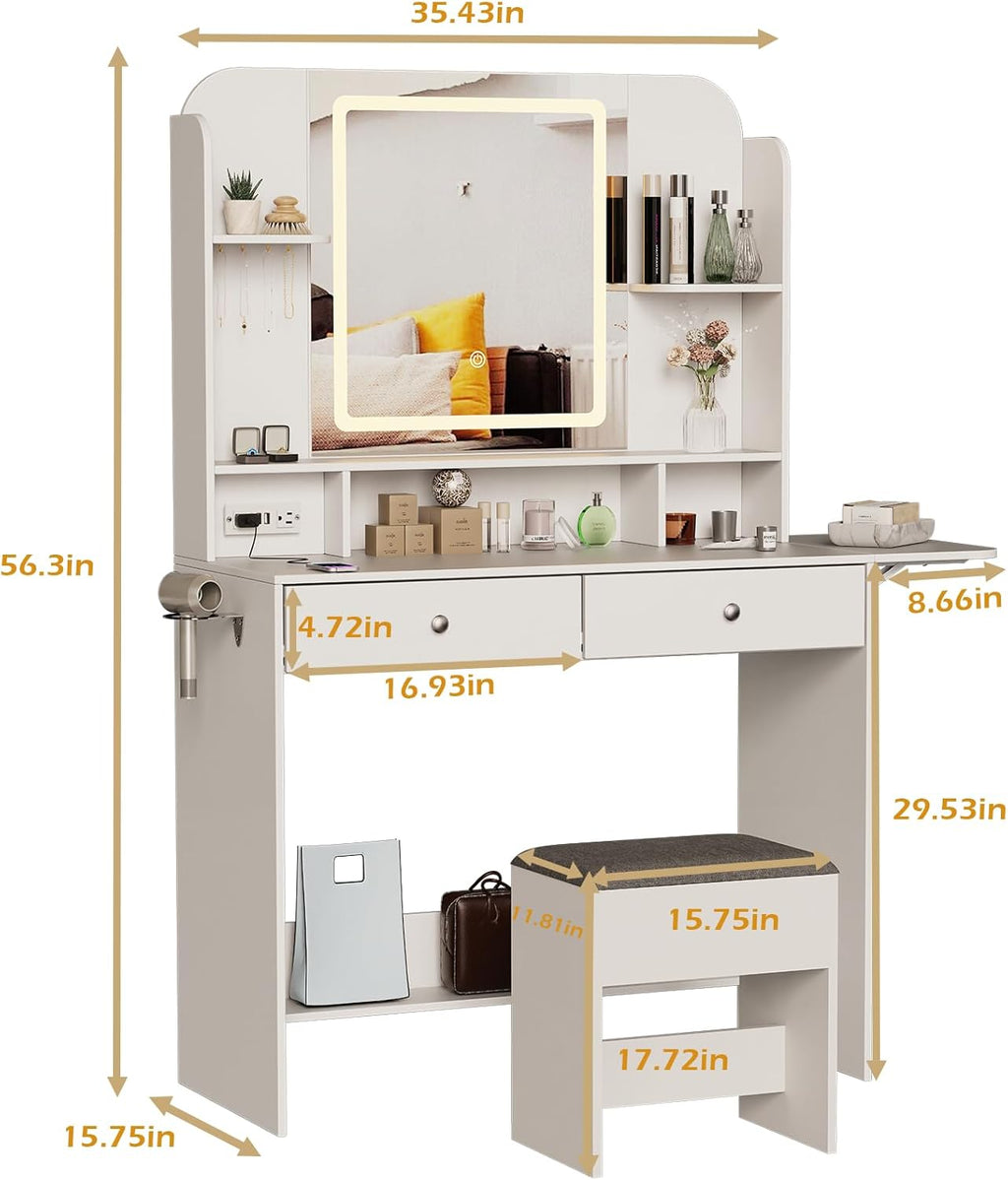 White Dressing Table with Mirror and Stool, 3 LED Lighting Colors Q923