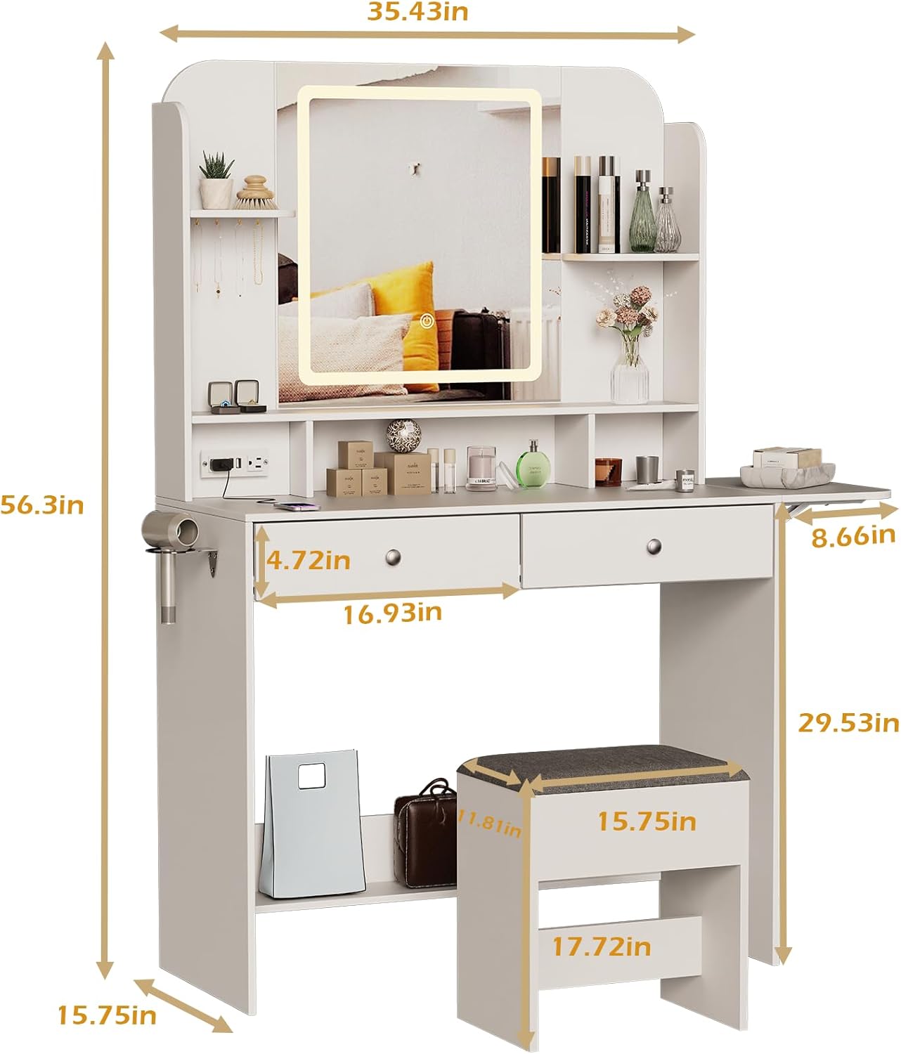 White Dressing Table with Mirror and Stool, 3 LED Lighting Colors Q923