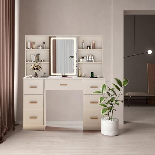 White 7 Drawer Vanity Desk with Mirror and Lights Z7077