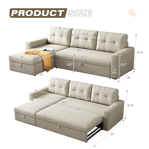 Beige L-Shape Sleeper Sectional Sofa with Pull-Out Bed D625469