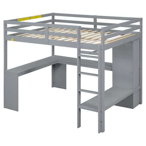 White Full Size Wood Loft Bed with Desk and Wardrobe S15117