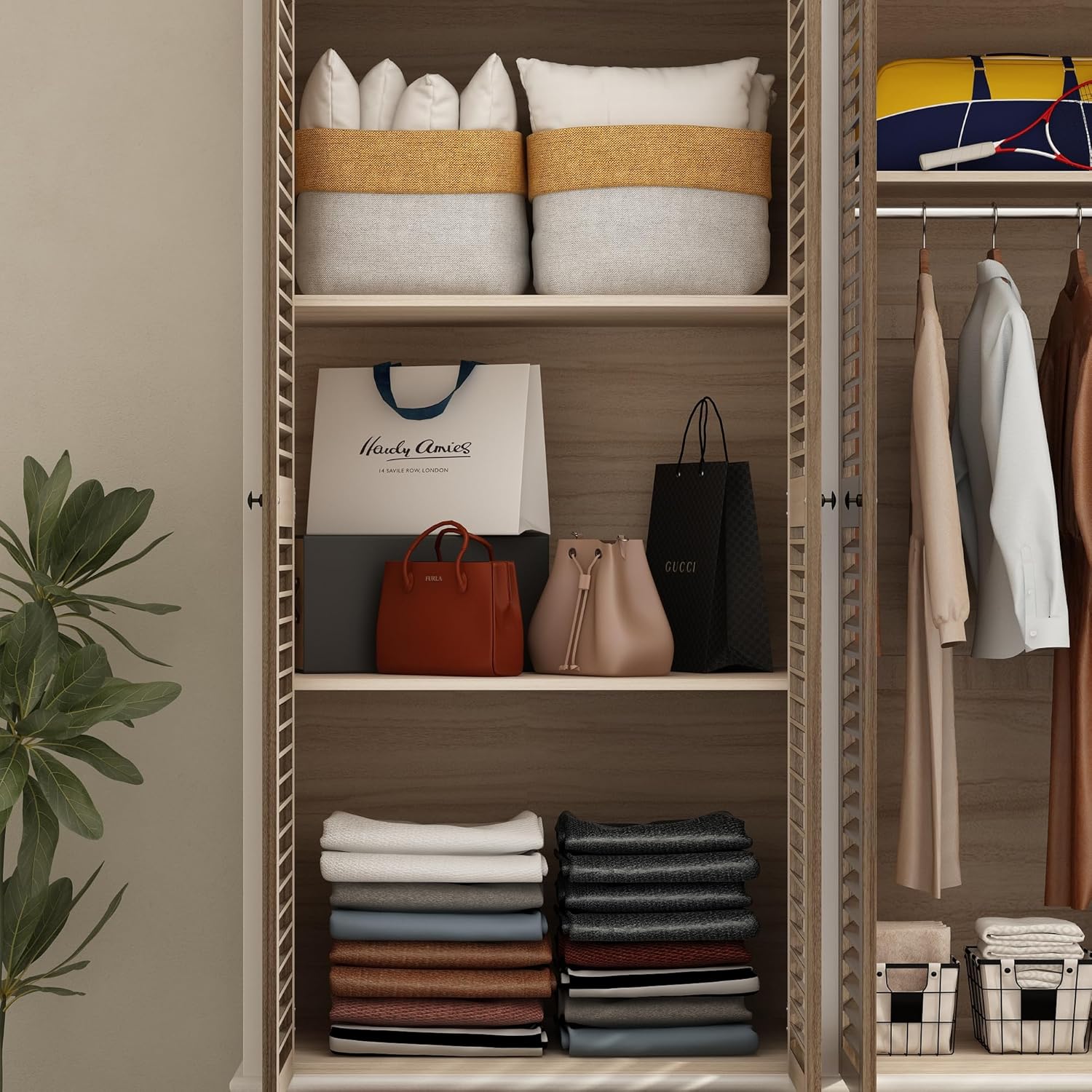 4 Doors Wardrobe Armoire with Louver Doors, Storage Shelves, 4 Drawers & Hanging Rod, Wooden Closet Storage Cabinet, Brown & White U99702