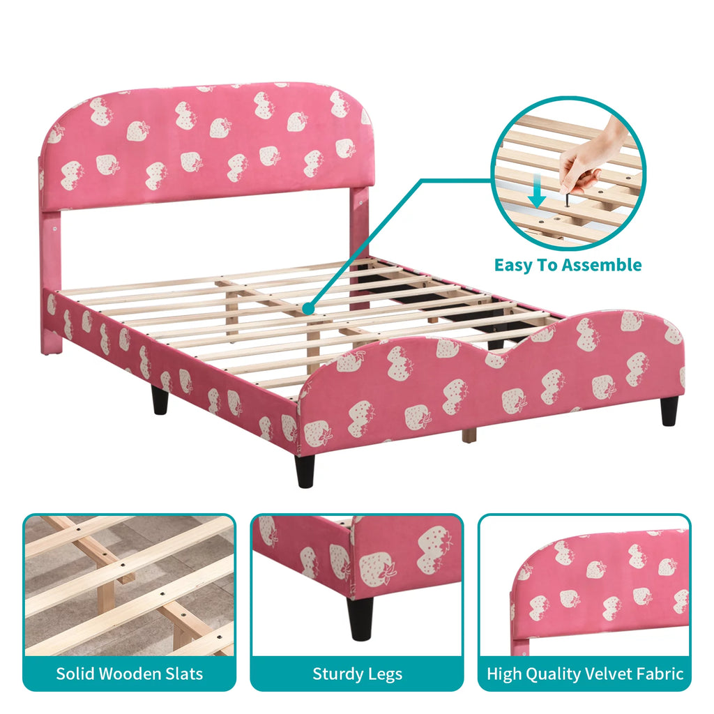 Pink Kids Twin Bed Frame with Upholstered Headboard and Footboard J9138