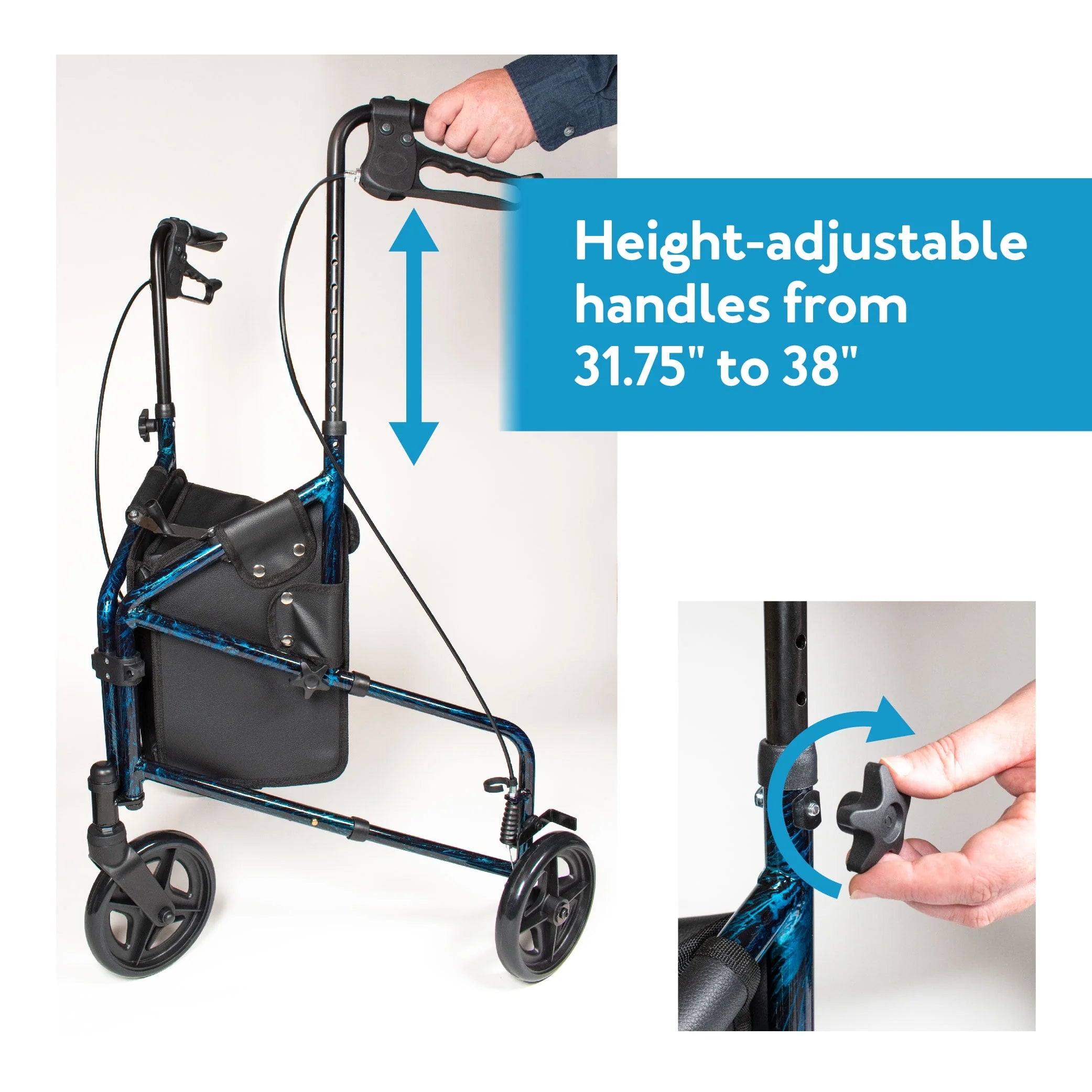 Aluminium 3 Wheel Rollator Walker, Height Adjustable Handles, 250 lb Capacity R929