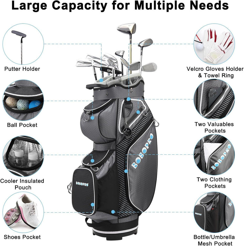 Golf Cart Bag with 14 Way Divider Top, 8 Pockets, Cooler Pouch, Rain Hood, Dust Cover, Detachable Single Strap O54264
