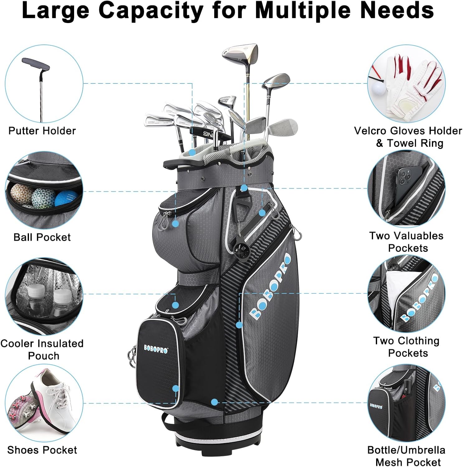 Golf Cart Bag with 14 Way Divider Top, 8 Pockets, Cooler Pouch, Rain Hood, Dust Cover, Detachable Single Strap O54264