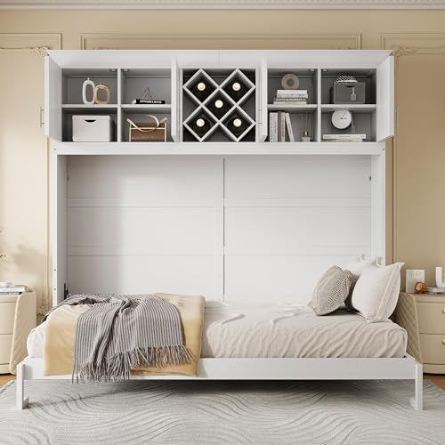 White Queen Size Murphy Wall Bed with Top Cabinets & Wine Rack S66143