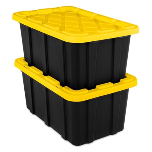 38 Gallon Black/Yellow Stackable Storage Tote with Lid, 8 Pack U998603