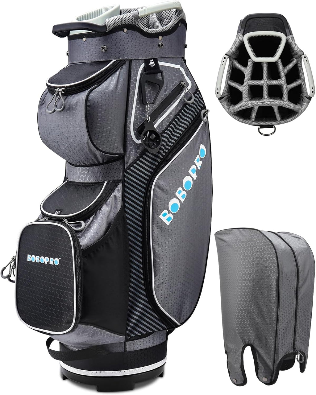 Golf Cart Bag with 14 Way Divider Top, 8 Pockets, Cooler Pouch, Rain Hood, Dust Cover, Detachable Single Strap O54264