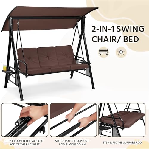 Dark Brown 3-Seat Outdoor Patio Swing with Sunshade D3316