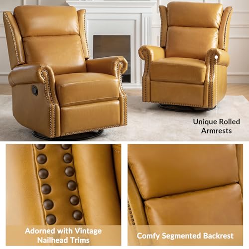 Genuine Leather Swivel Rocker Recliner with Footrest and Lumbar Support A135