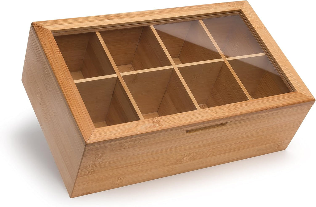 100% Bamboo Tea Box Storage Organizer, 8 Adjustable Compartments, Natural Wooden Finish A808