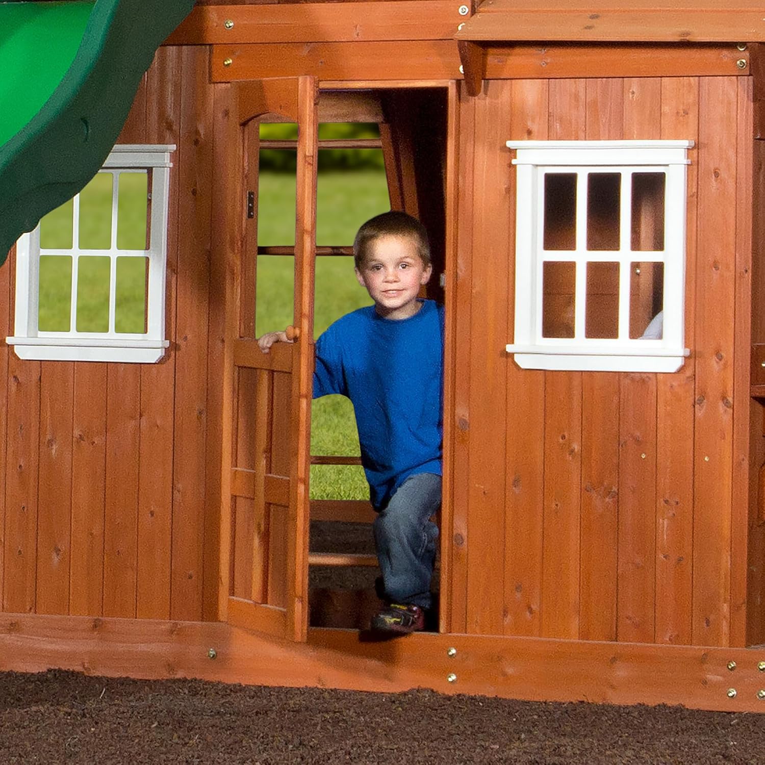 All Cedar Wooden Swing Set with 2 Belt Swings, Trapeze Bar, 10 ft Wave Slide, Playhouse, Play Kitchen, Rock Wall, Bench K605