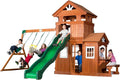 All Cedar Wooden Swing Set with 2 Belt Swings, Trapeze Bar, 10 ft Wave Slide, Playhouse, Play Kitchen, Rock Wall, Bench K605