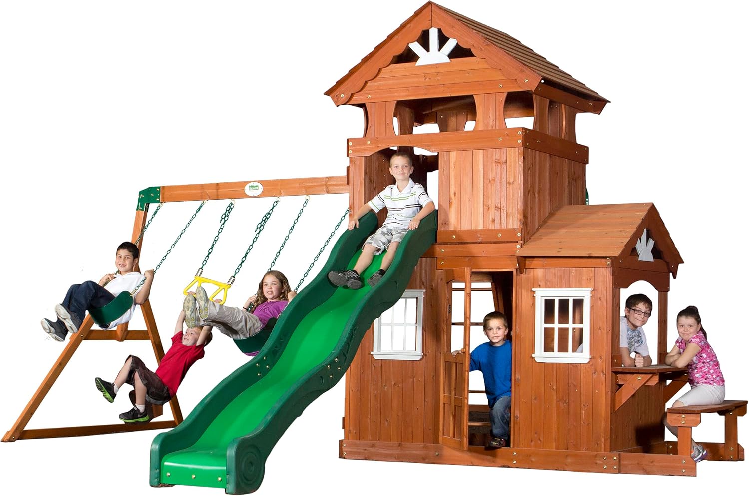 All Cedar Wooden Swing Set with 2 Belt Swings, Trapeze Bar, 10 ft Wave Slide, Playhouse, Play Kitchen, Rock Wall, Bench K605