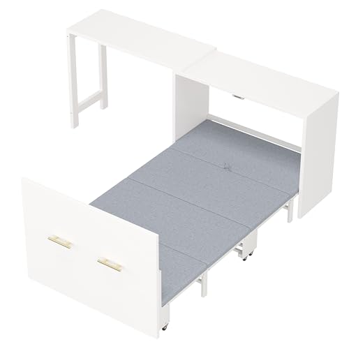 White Twin Folding Murphy Bed with Mattresses and Desk H653