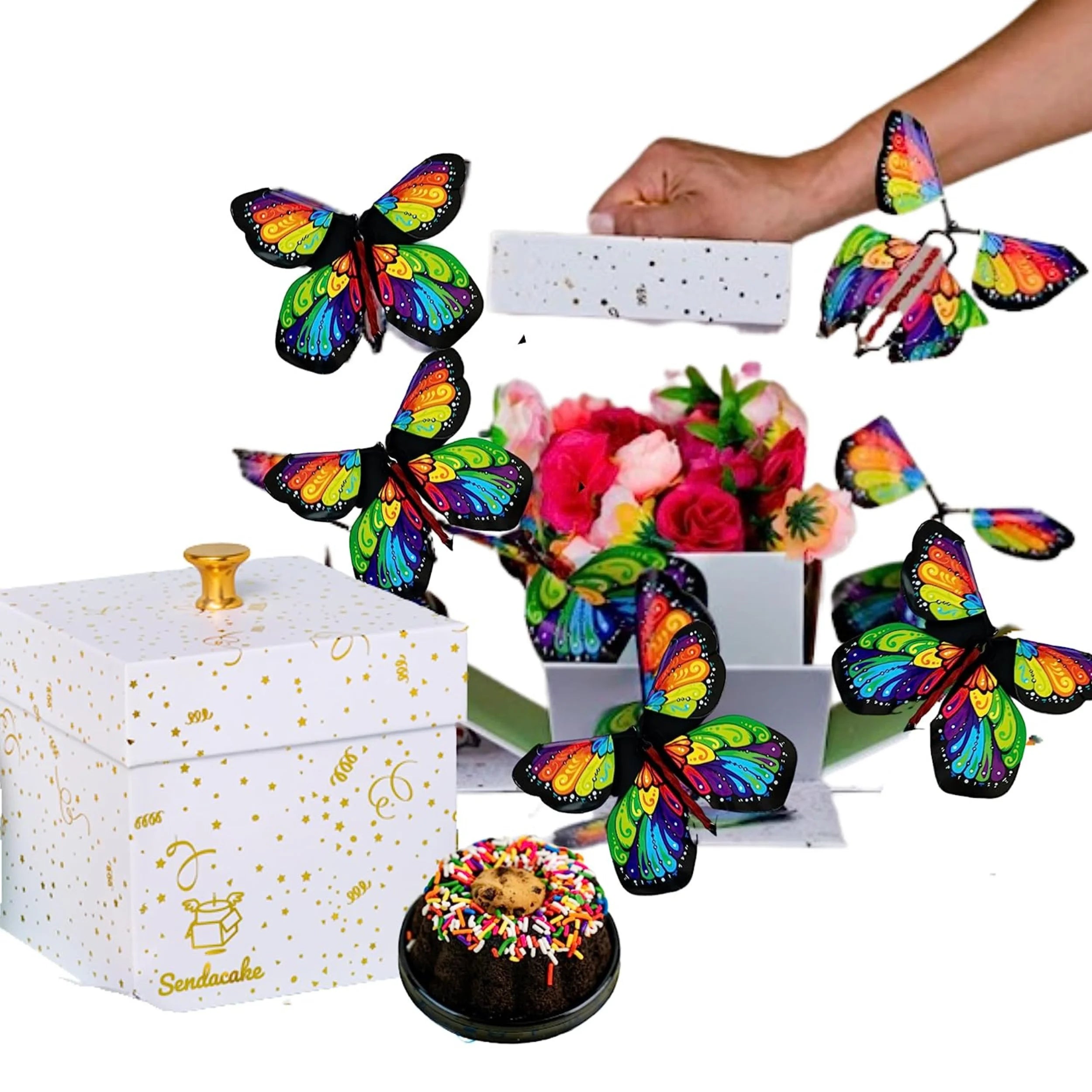 White & Gold Foil Celebration Explosion Flying Butterfly Surprise Cake & Flowers Gift Box Y6521