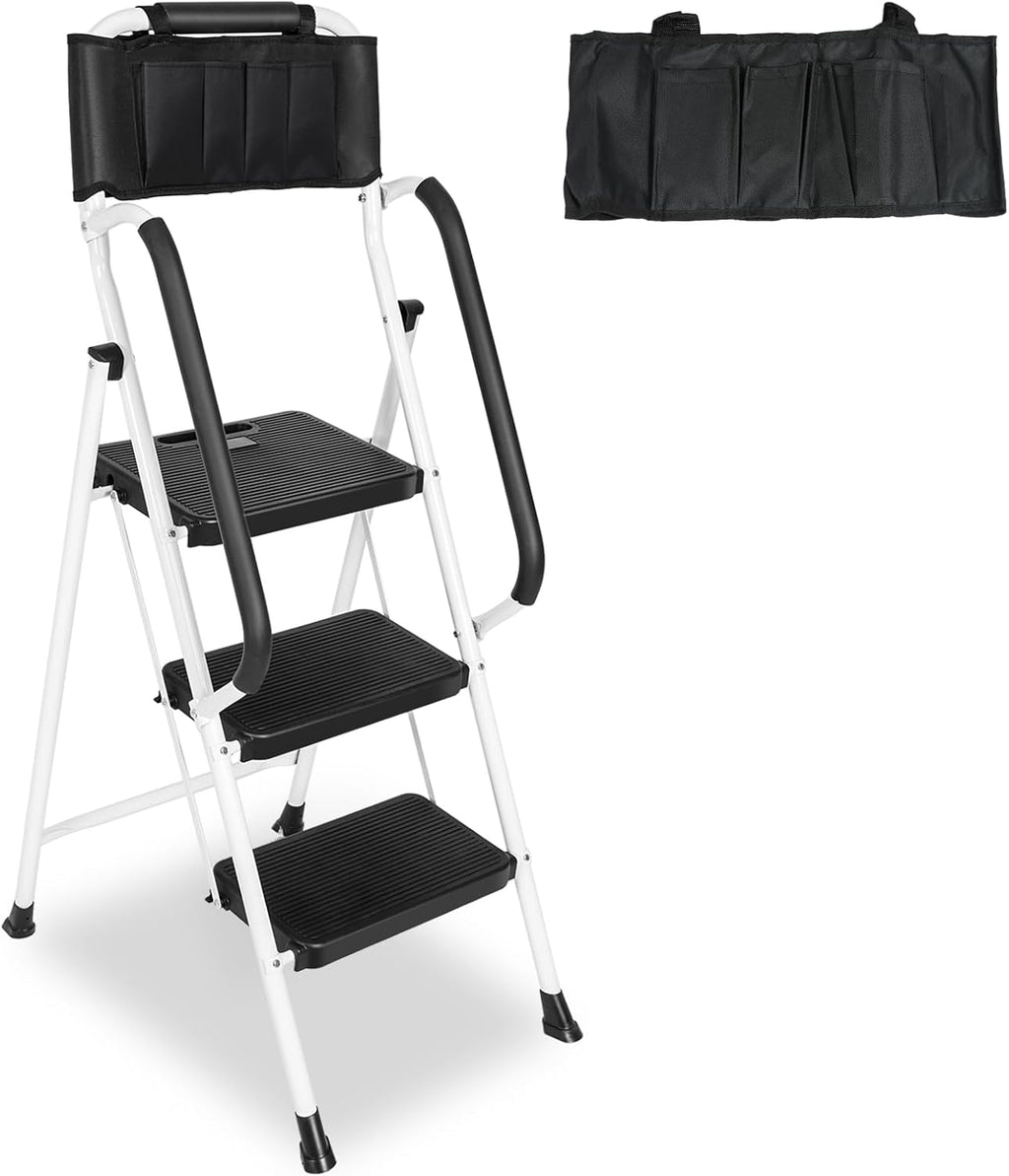 White 3 Step Ladder with Handrails & Attachable Tool Bag, 500 lbs Folding Step Stool K135