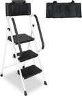 White 3 Step Ladder with Handrails & Attachable Tool Bag, 500 lbs Folding Step Stool K135