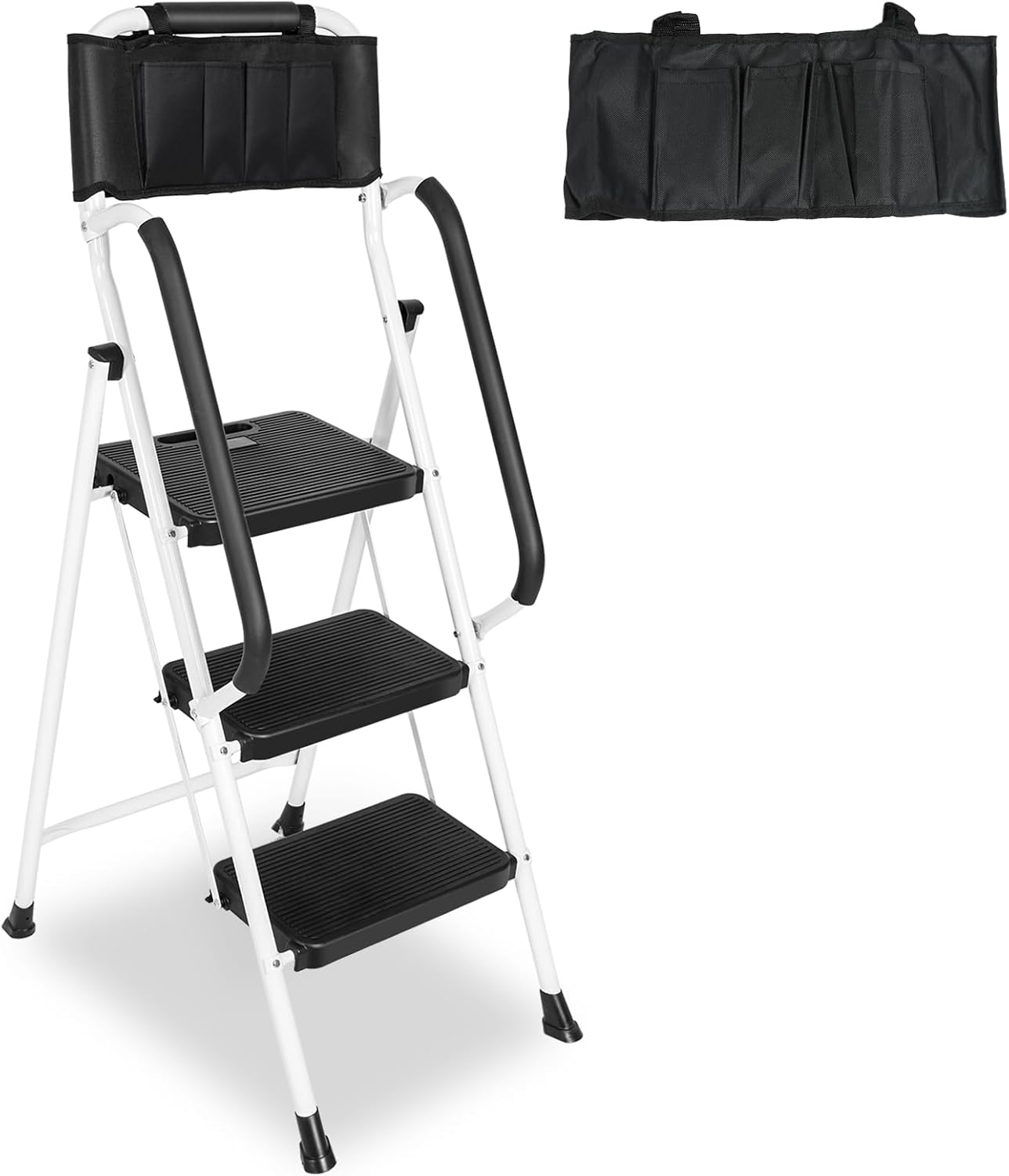White 3 Step Ladder with Handrails & Attachable Tool Bag, 500 lbs Folding Step Stool K135