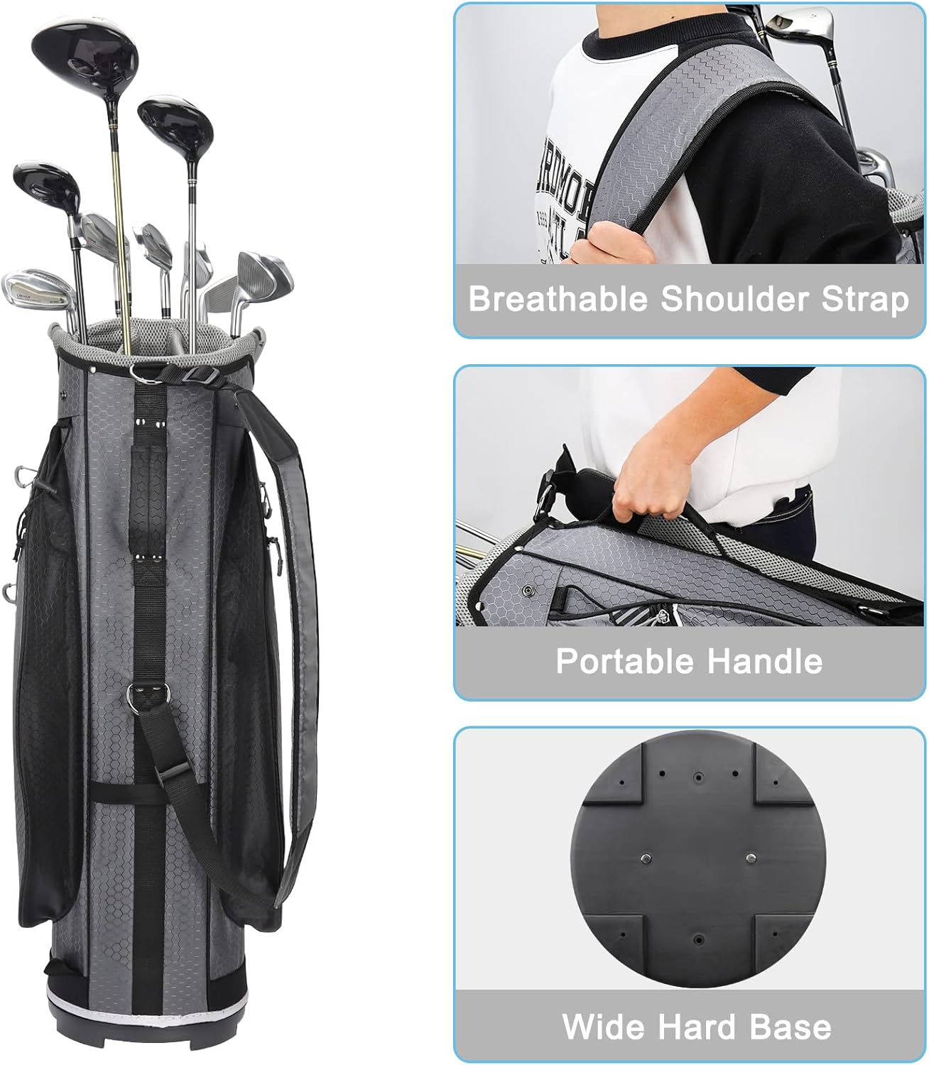 Golf Cart Bag with 14 Way Divider Top, 8 Pockets, Cooler Pouch, Rain Hood, Dust Cover, Detachable Single Strap O54264