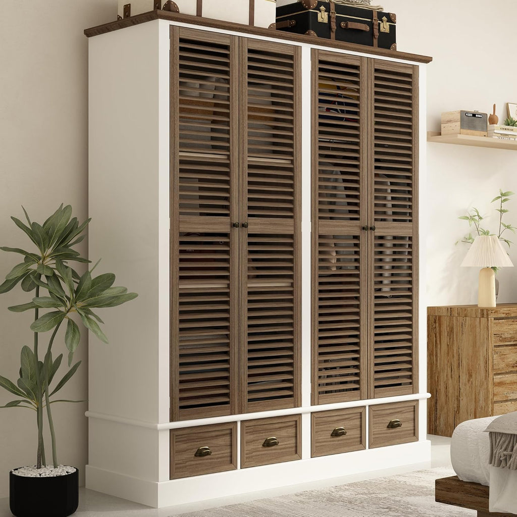4 Doors Wardrobe Armoire with Louver Doors, Storage Shelves, 4 Drawers & Hanging Rod, Wooden Closet Storage Cabinet, Brown & White U99702