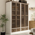 4 Doors Wardrobe Armoire with Louver Doors, Storage Shelves, 4 Drawers & Hanging Rod, Wooden Closet Storage Cabinet, Brown & White U99702
