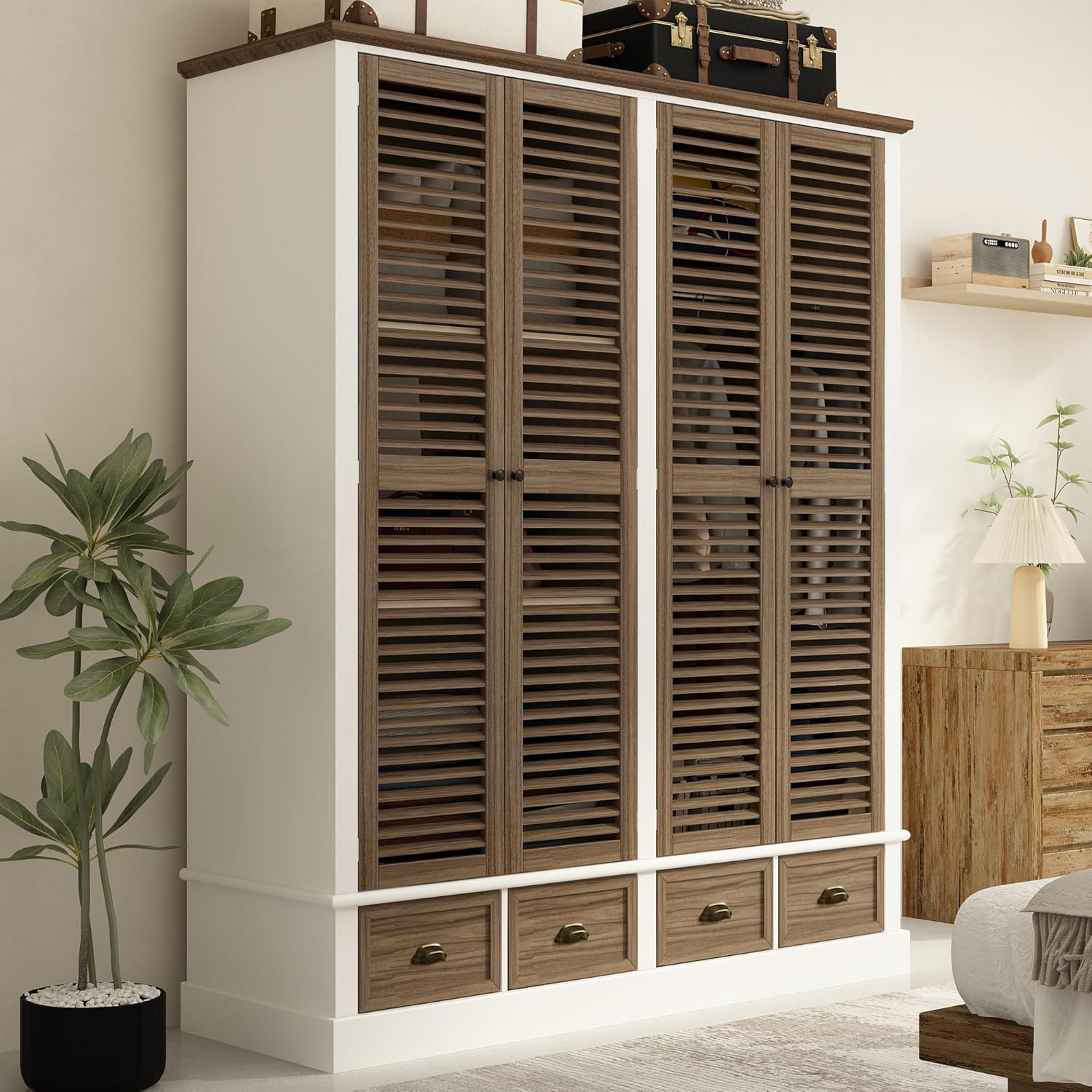 4 Doors Wardrobe Armoire with Louver Doors, Storage Shelves, 4 Drawers & Hanging Rod, Wooden Closet Storage Cabinet, Brown & White U99702