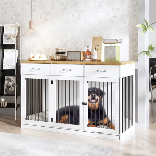 White Extra Large Dog Crate Furniture with 3 Drawers A9025