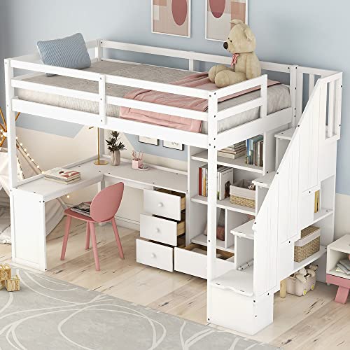 Twin Size Wood Loft Bed with Storage Stairs P64175