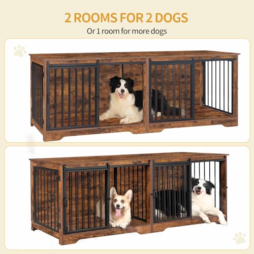 78 Inch Extra Large Double Dog Crate Furniture with Divider, Rustic Brown B24461