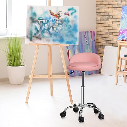 Pink Adjustable Height Hydraulic Rolling Swivel Stool with Back Rest W393