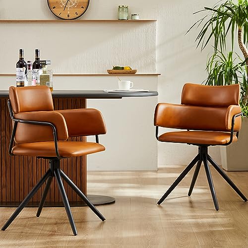 Light Brown Upholstered Leather Swivel Dining Chairs Set of 2 Q82069