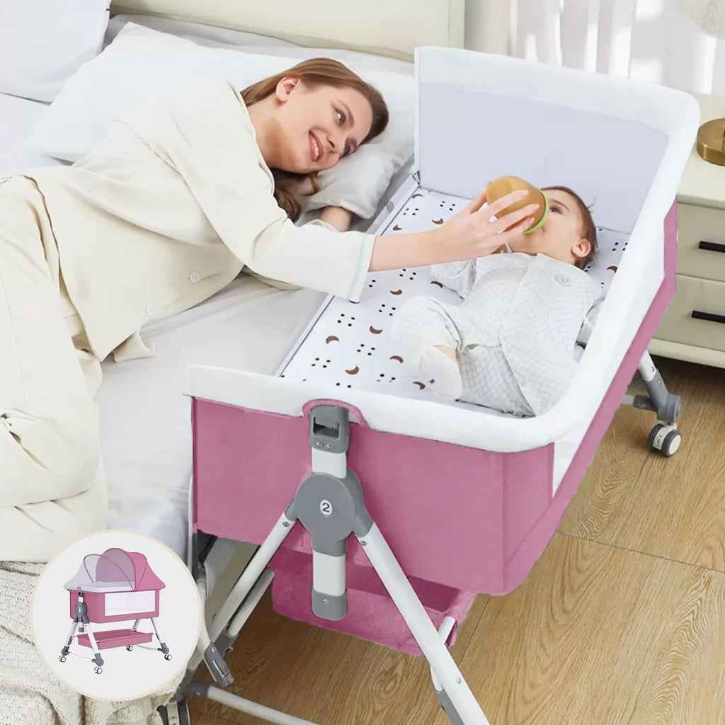 Pink 4 in 1 Infant Bedside Crib with Storage Basket I436