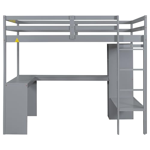 White Full Size Wood Loft Bed with Desk and Wardrobe S15117