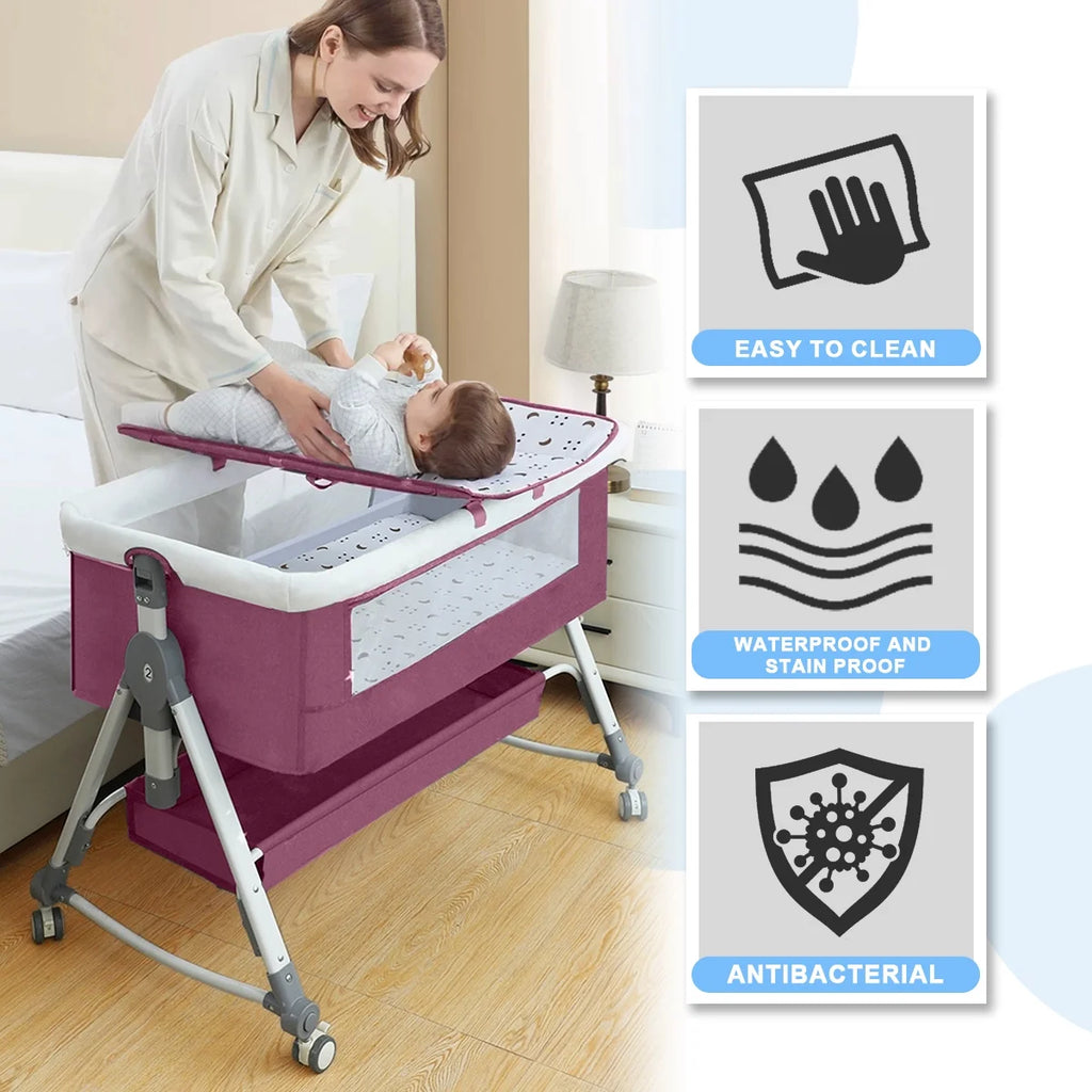 Pink 4 in 1 Infant Bedside Crib with Storage Basket I436