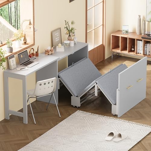 White Twin Folding Murphy Bed with Mattresses and Desk H653